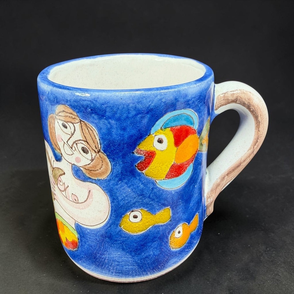De Simone Italy Mermaid Fish Pottery Mug Hand‎ Painted Ceramic Folk Art 102 Blue